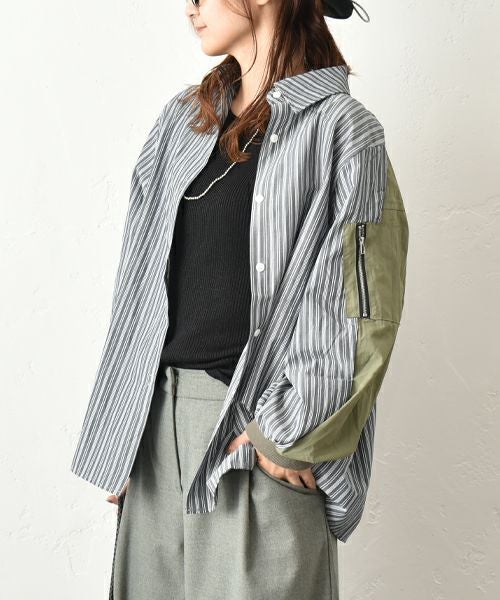 HUMS｜ストライプ×無地切替シャツ [[69165041]][C]