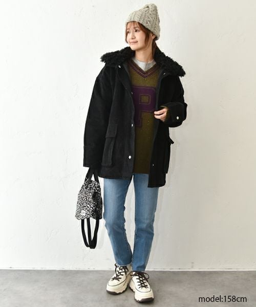 IN THE MARKET｜コーデュロイ 衿ファー薄中綿入りミドルカバーオール [[HUG-7183F613]][C]