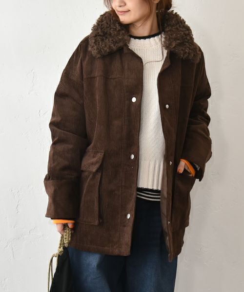 IN THE MARKET｜コーデュロイ 衿ファー薄中綿入りミドルカバーオール [[HUG-7183F613]][C]