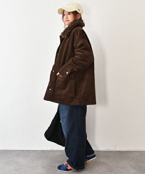 IN THE MARKET｜コーデュロイ 衿ファー薄中綿入りミドルカバーオール [[HUG-7183F613]][C]