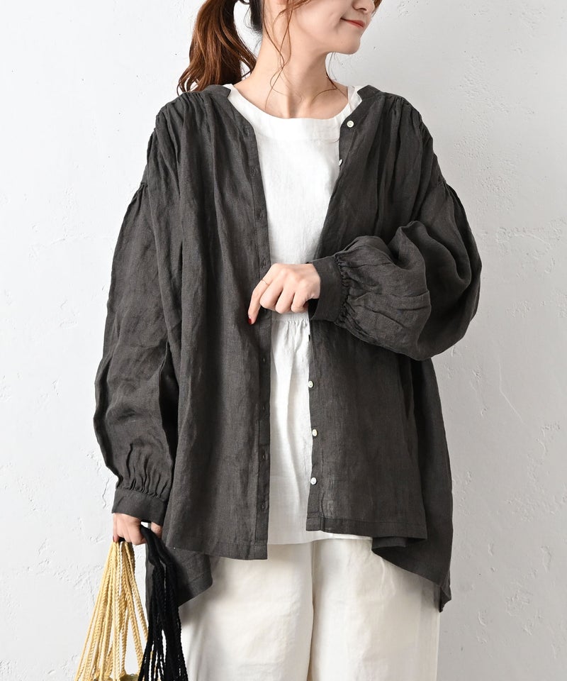 08Mab｜リネンシャンブレー前あきギャザーブラウス [[CF-226HF1368]][C]