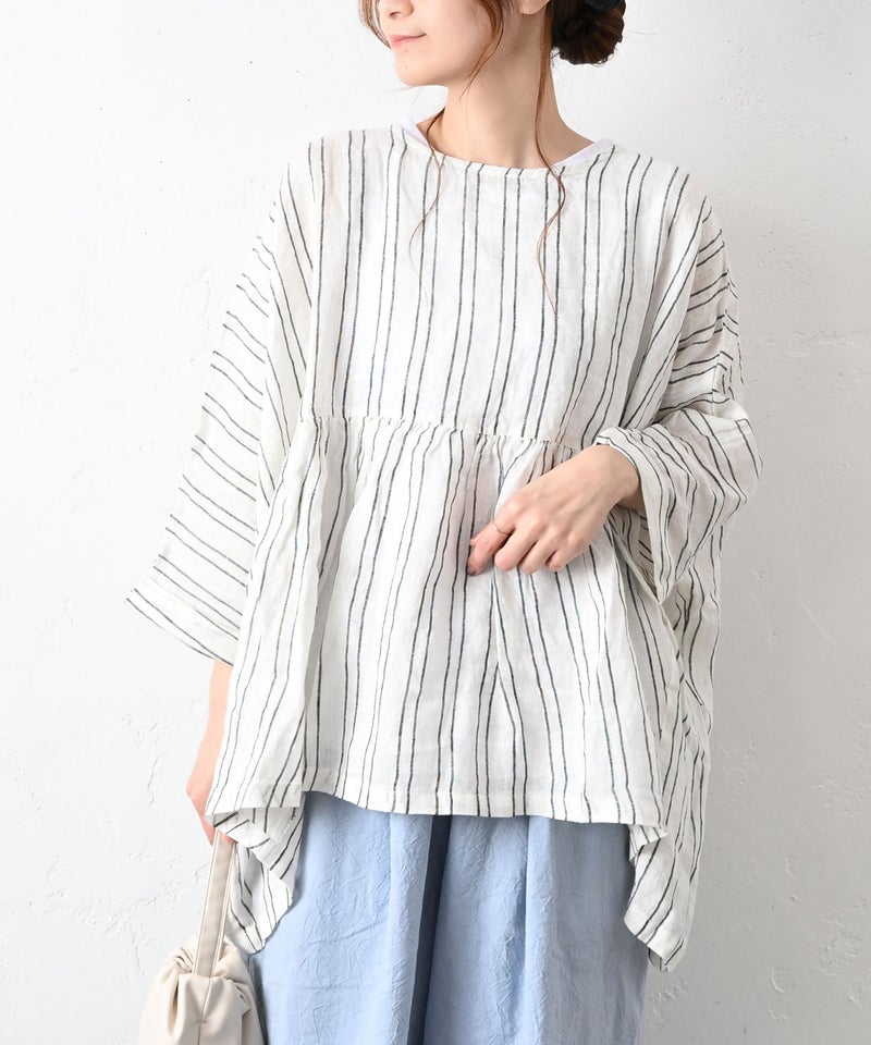 08Mab｜リネンシャンブレー前後着ギャザーブラウス [[CF-225HF1146]][C]