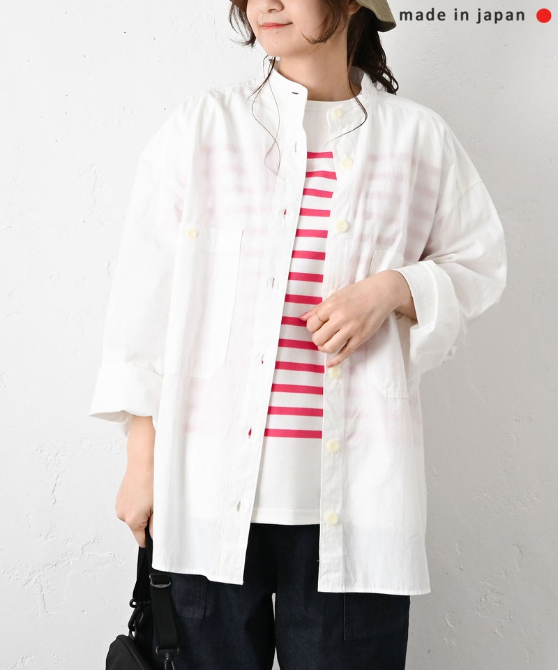  her.｜ヴィンテージポプリン配色ステッチバンドカラーシャツ [[MA-520003]][C]