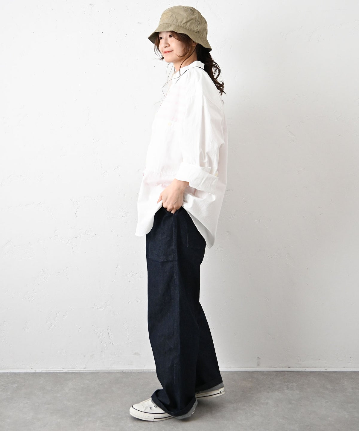  her.｜ヴィンテージポプリン配色ステッチバンドカラーシャツ [[MA-520003]][C]