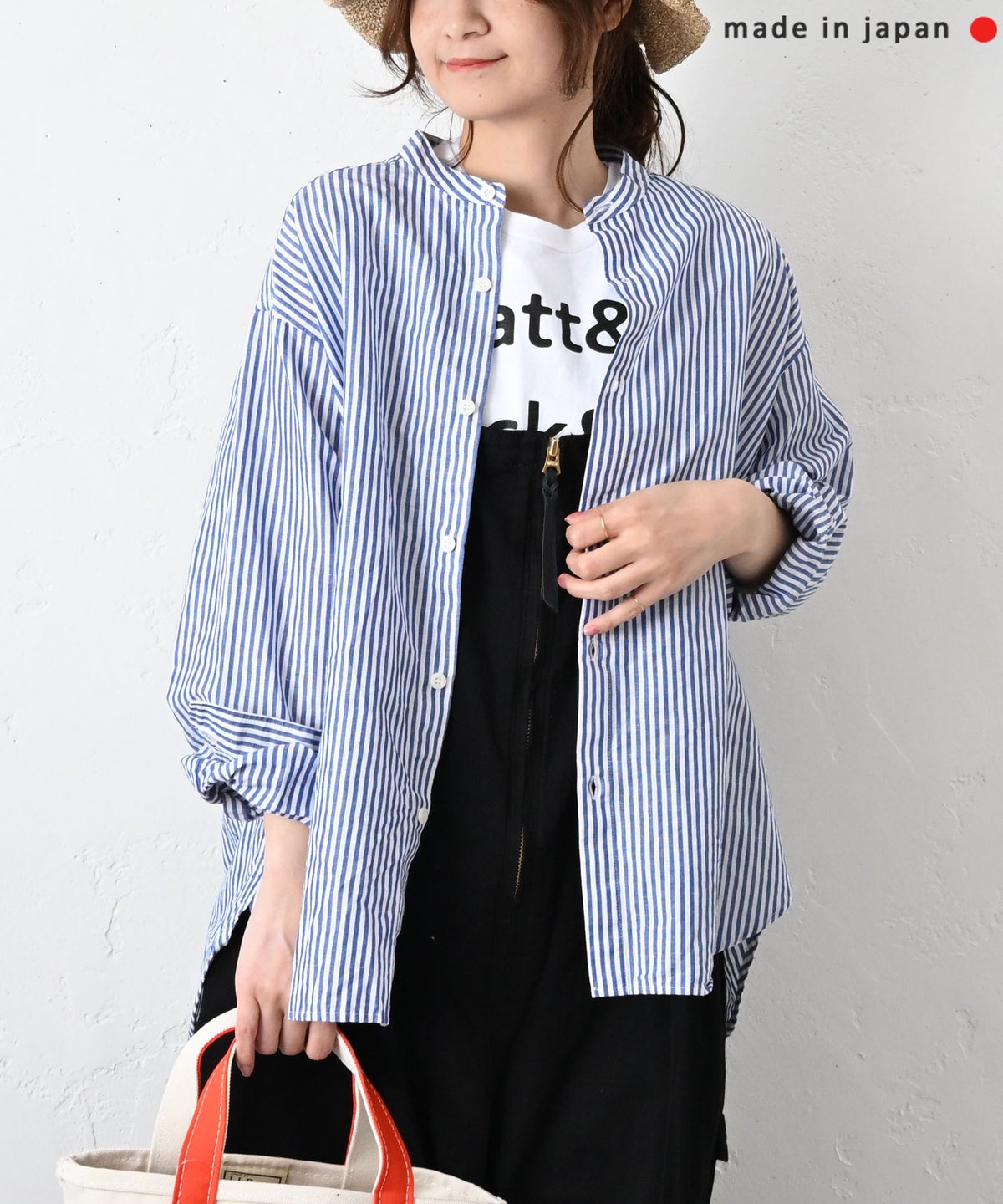 her.｜コットンリネンストライプバンドカラーシャツ [[CE3SH260405B]][C]