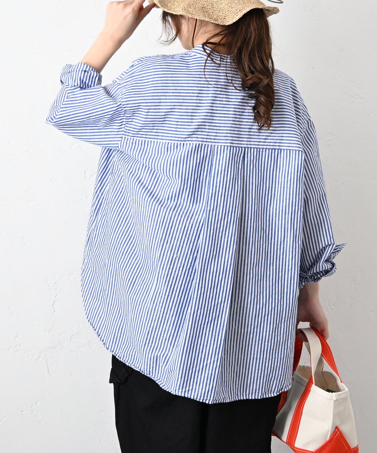 her.｜コットンリネンストライプバンドカラーシャツ [[CE3SH260405B]][C]
