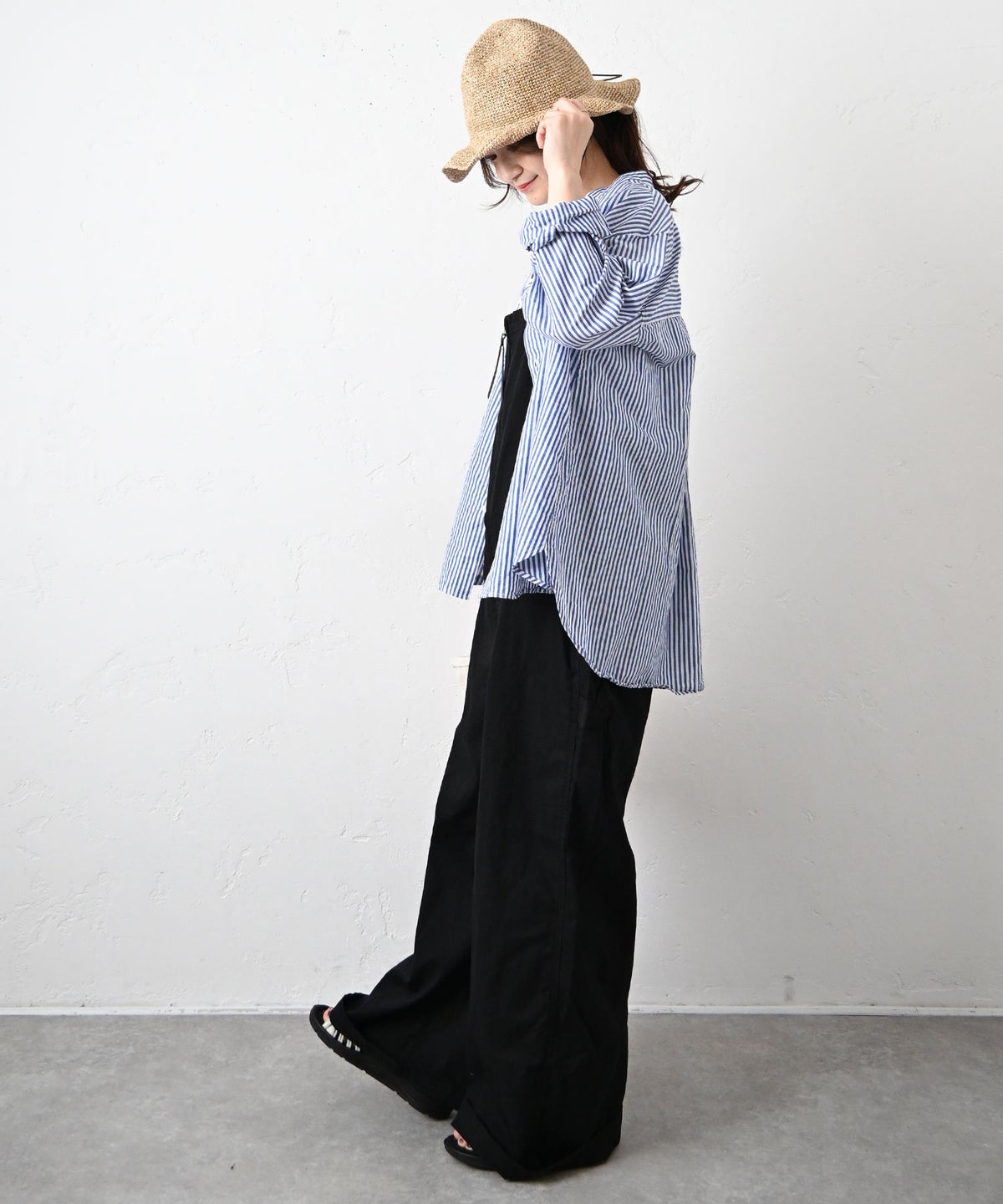 her.｜コットンリネンストライプバンドカラーシャツ [[CE3SH260405B]][C]