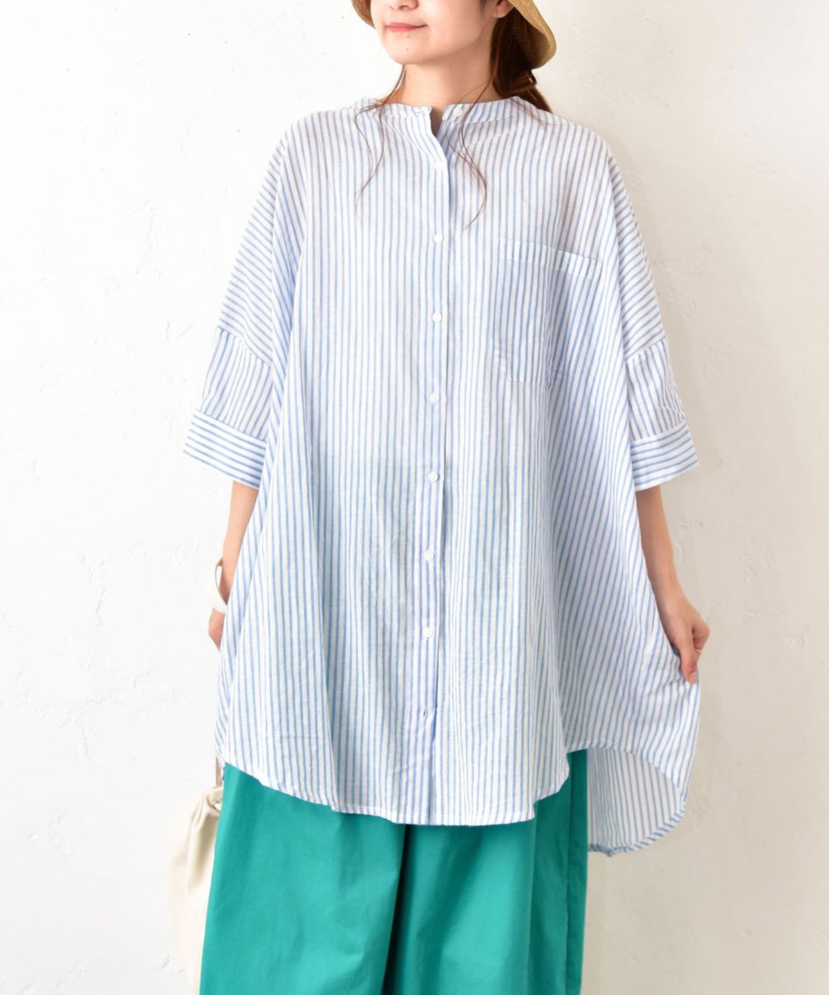 hagumu｜ストライプバックギャザーシャツチュニック [[22098262]][C]