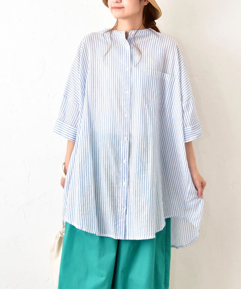 hagumu｜ストライプバックギャザーシャツチュニック [[22098262]][C]