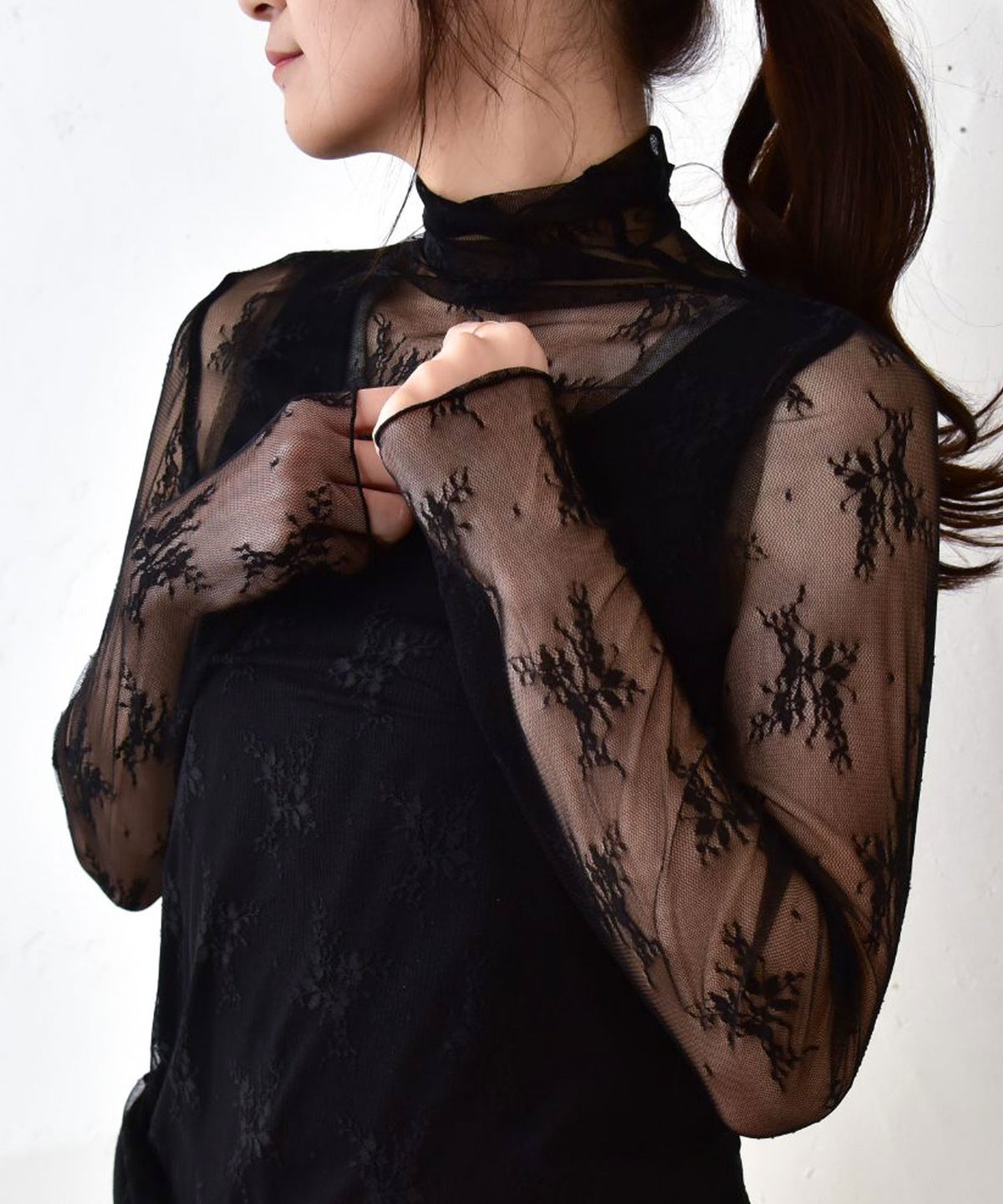 HUMS｜ストレッチレースハイネックT [[33286P233]][C]