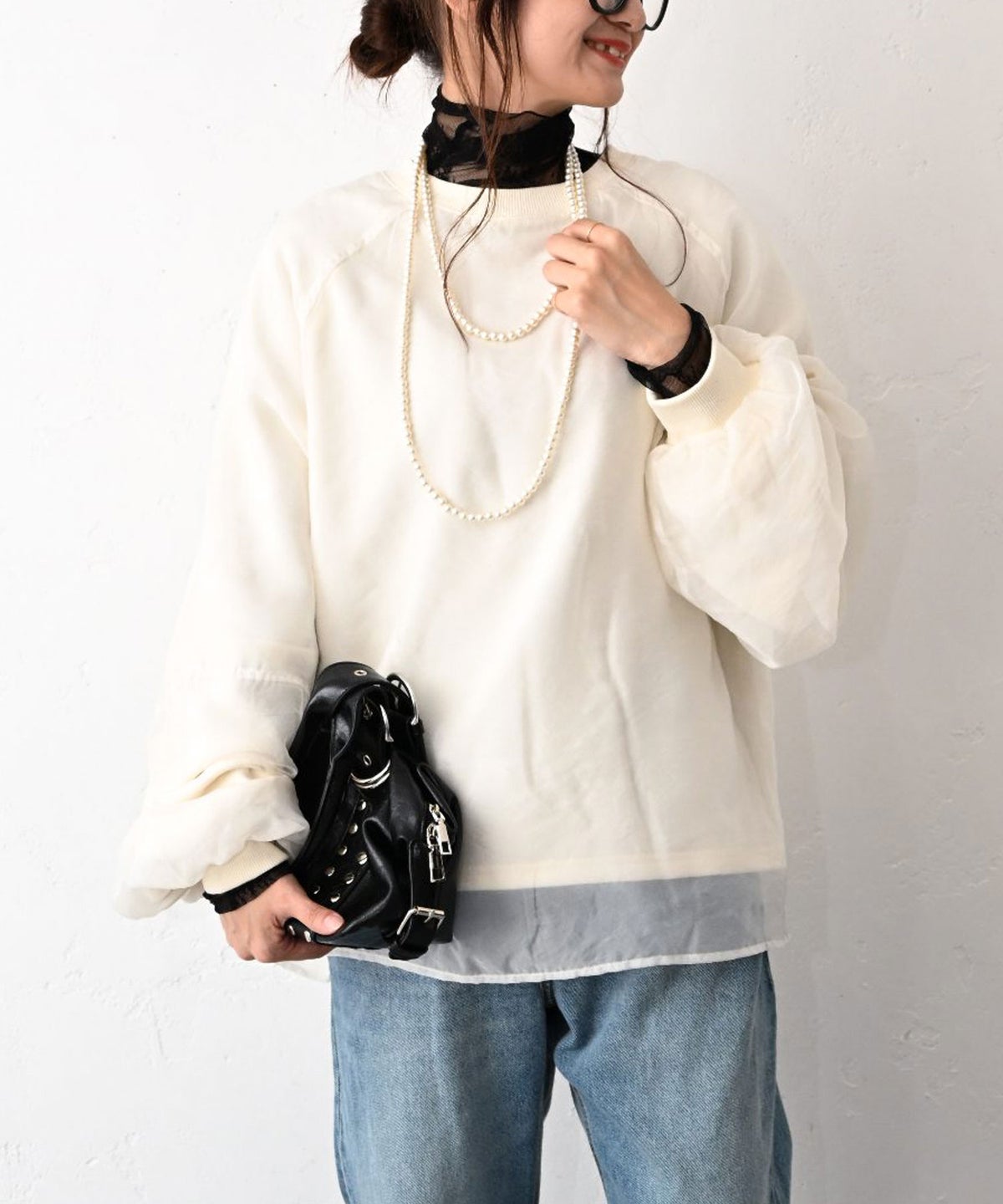 HUMS｜ストレッチレースハイネックT [[33286P233]][C]